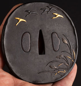 Iron Tsuba Signed "Issei" (Watanabe) with NBTHK Hozon Tosogu - Wild Geese and Moonlight