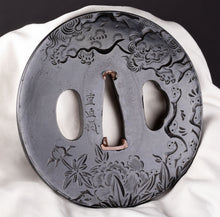 Shakudo Tsuba Signed "Shigeyoshi" - Decorated with Shishi and Peony