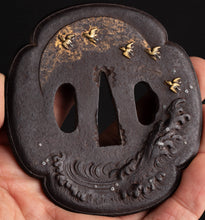 Iron Tanaka Toryusai School Tsuba with NBTHK Hozon Tosogu - Decorated with Plovers and Waves