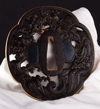 Iron Sukashi Dragon Tsuba with Gold Rim - Great for Mounting 86 x 80 mm