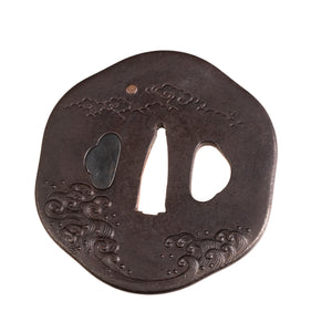 Iron Tsuba Signed "Iwasawa Ryochin" decorated with Waves and Birds