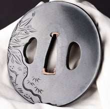 Shakudo Tsuba Signed "Shigeyoshi" - Decorated with Shishi and Peony