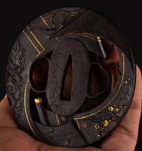 Iron Sukashi Tsuba Signed "Chohan Oka Tomokata" - Scrolls with Dragon and Flowers