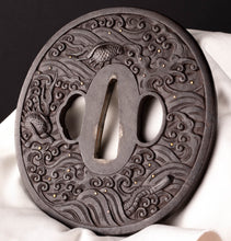 Iron Tsuba with Dragon Among the Waves