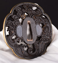 Iron Sukashi Dragon Tsuba with Gold Rim - Great for Mounting 86 x 80 mm