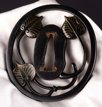 Polished Shakudo Sukashi Tsuba by Akita Shoami School - Aoi Leafs