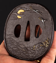 Iron Tsuba Decorated with Wild Geese At Sunset