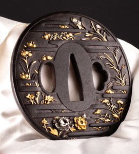 Iron Tsuba Decorated with Flowers - Egawa School