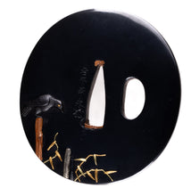 Polished Shakudo Tsuba Signed "Iwamoto Munenaga" with NBTHK Tokubetsu Hozon Tosogu - Crows and Heron