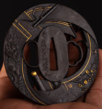 Iron Sukashi Tsuba Signed "Chohan Oka Tomokata" - Scrolls with Dragon and Flowers