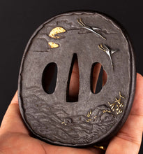 Iron Tsuba Decorated with Wild Geese At Sunset