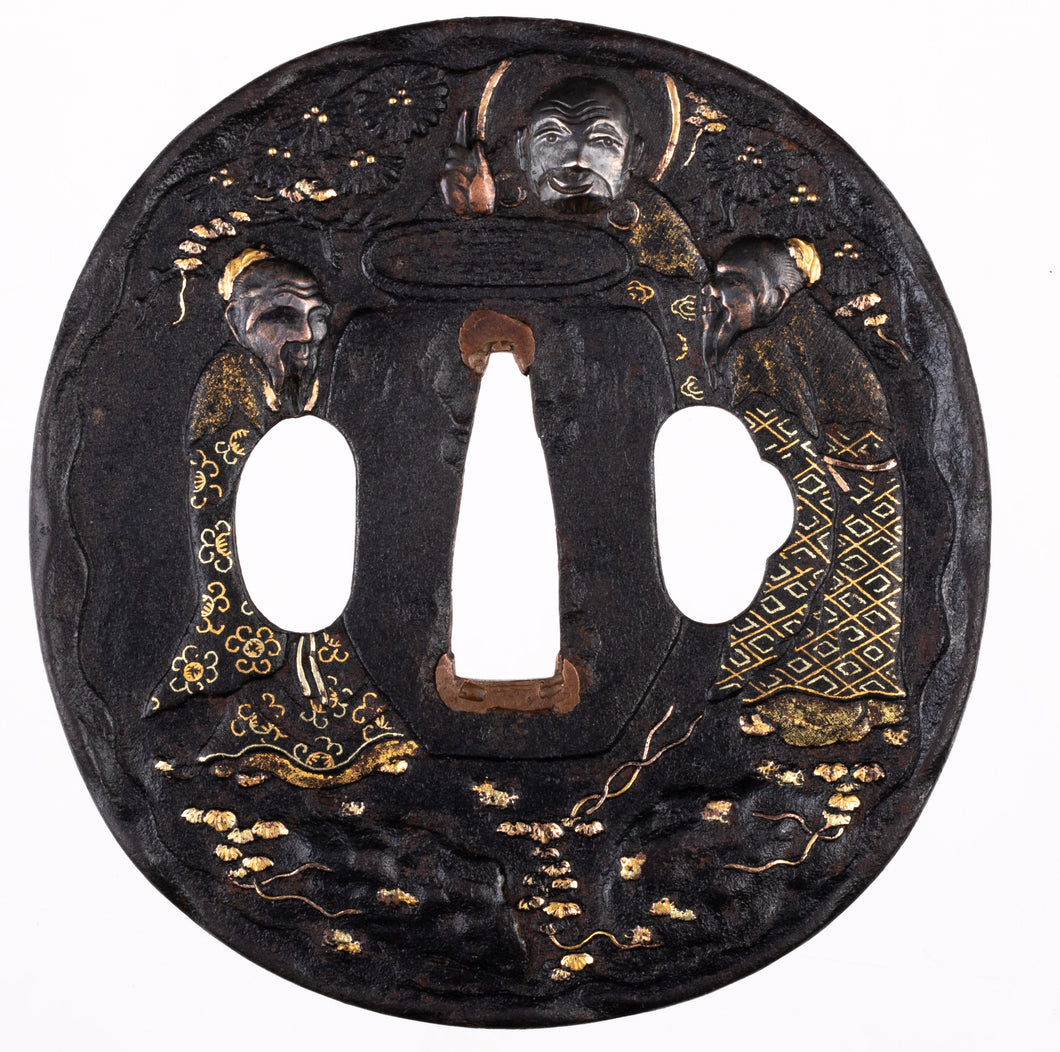 Iron Tsuba Decorated With San-sei - Three Sages Tasting Vinegar