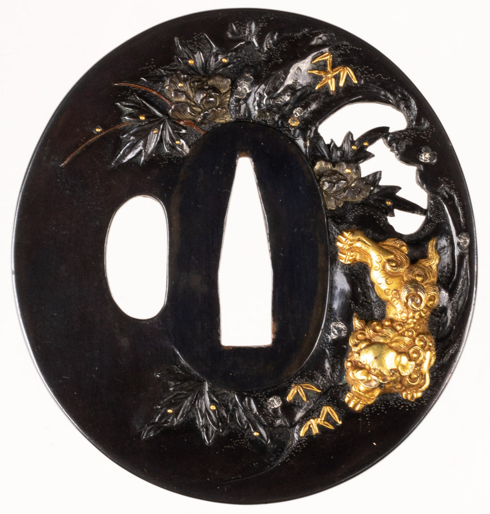 Shakudo Migaki-ji Tsuba Decorated with Shishi and Peony