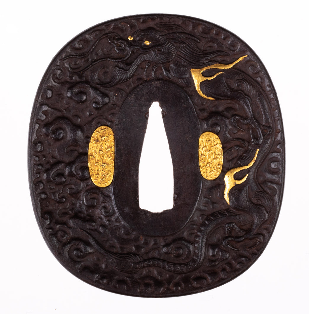 Iron Tsuba Decorated with Dragon in the Clouds and Mt. Fuji