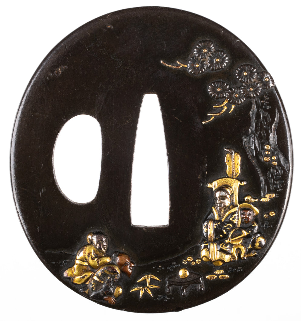 Shakudo Tsuba Decorated with Bian He and 