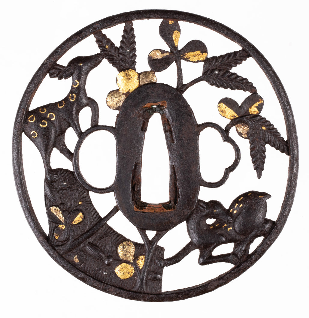 Kyo-Shoami Tsuba Decorated With Two Deers and Bush Clover