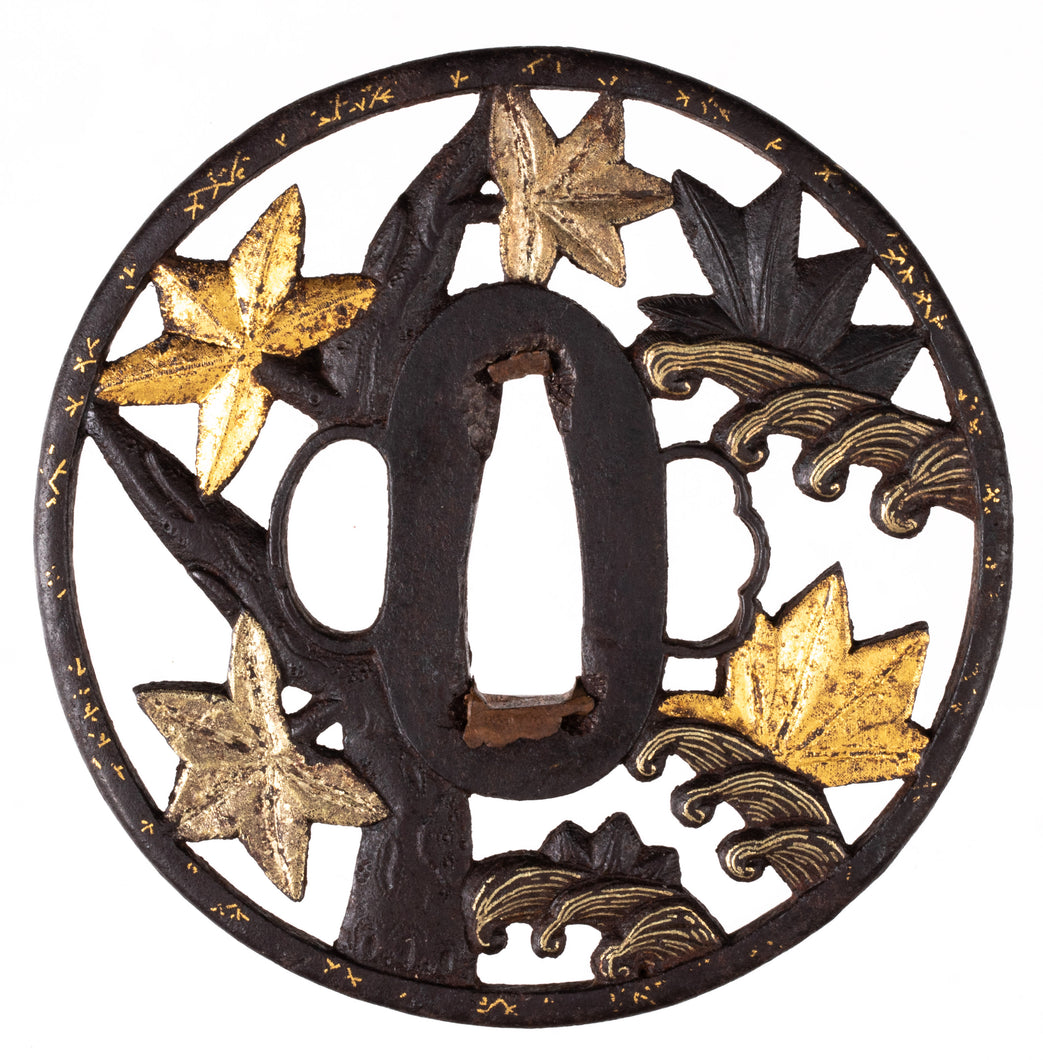 Shoami Tsuba Decorated With Maple Leafs and Waves - Tatsuta River