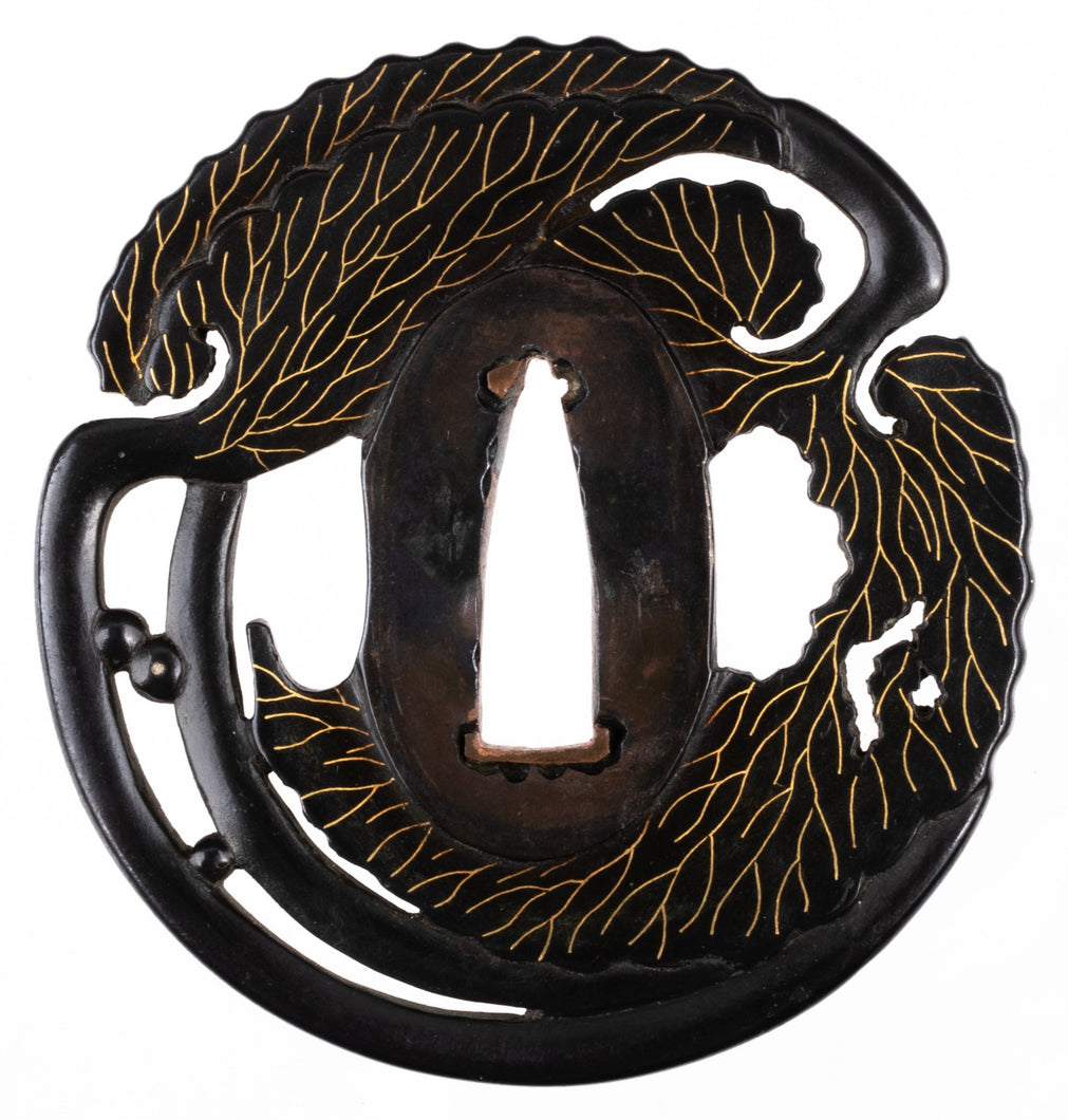 Shakudo Tsuba by Akita Schoami School - Butterbur Leafs