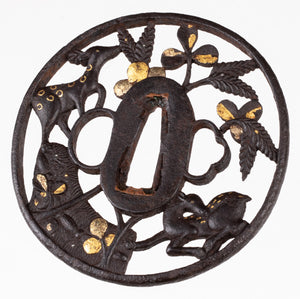 Kyo-Shoami Tsuba Decorated With Two Deers and Bush Clover