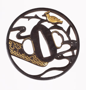 Iron Kyo-Shoami Tsuba Decorated with Bird Sitting on a Bamboo
