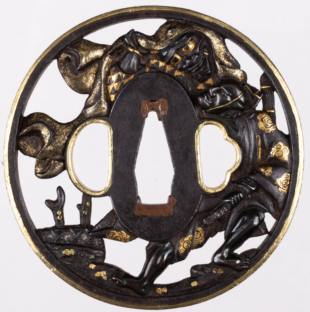 Soten School Tsuba Decorated with Omori Hikoshichi With Demon On His Back