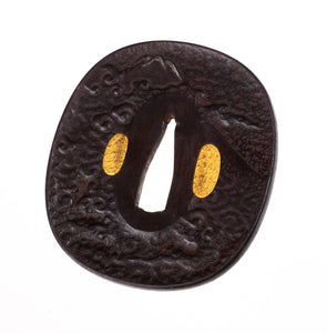 Iron Tsuba Decorated with Dragon in the Clouds and Mt. Fuji